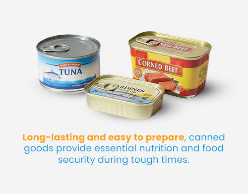 Canned Goods Pack can include luncheon meat, corned beef, sardines, tuna Family Supply for a Month
